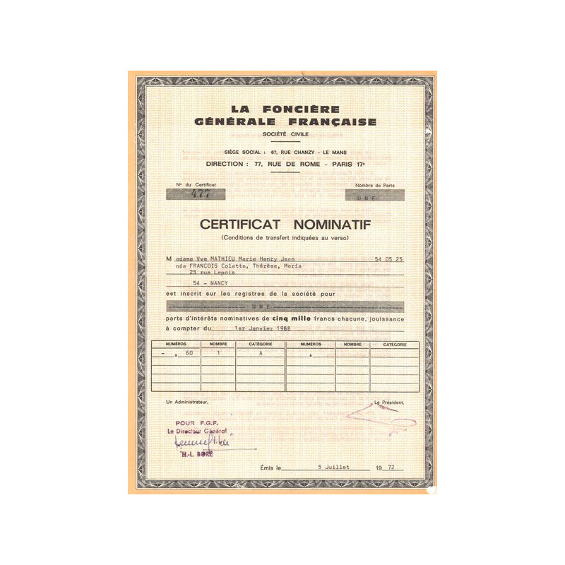 La Foncière Générale Française (Certif Nomin 5000 F)