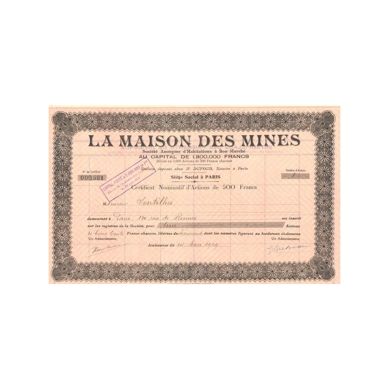 La Maison des Mines S.A. d'Habitations à Bon Marché (Certif d'Act 500 F)