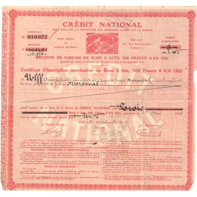 Crédit National pour Faciliter la Réparation des Dommages Causés par la Guerre - Emprunt 1921 (Certif Nomin Obl 500 F)
