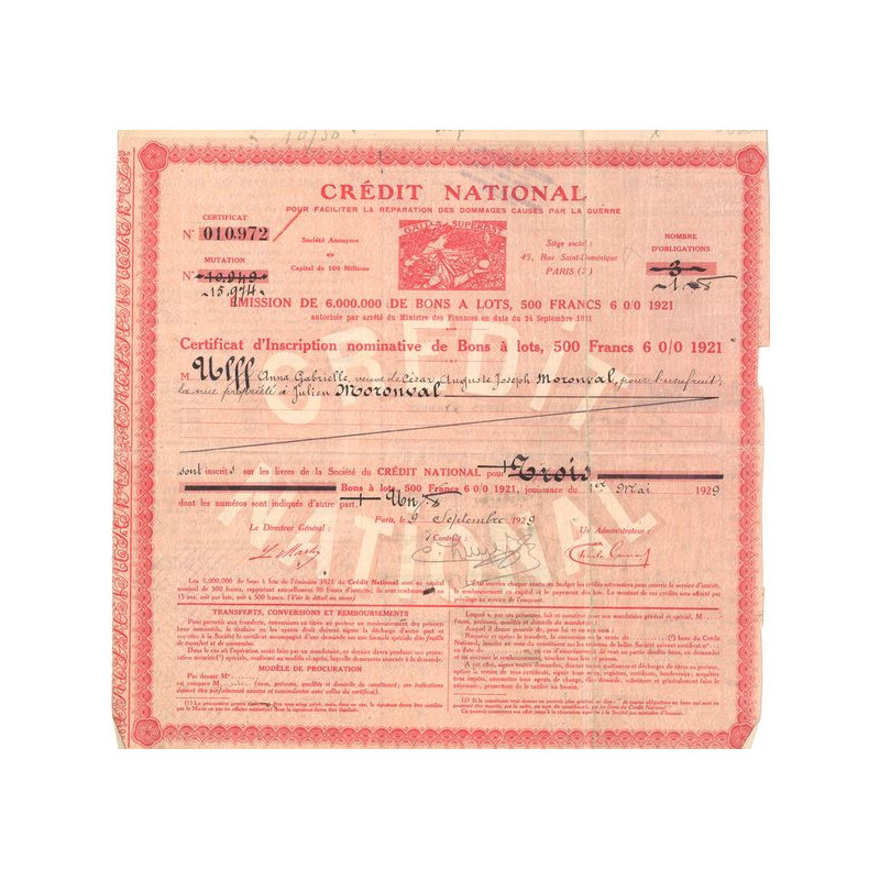 Crédit National pour Faciliter la Réparation des Dommages Causés par la Guerre - Emprunt 1921 (Certif Nomin Obl 500 F)