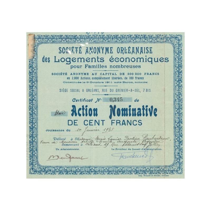 S.A. Orléanaise des Logements Economique pour Familles Nombreuses (Act Nomin 100 F)