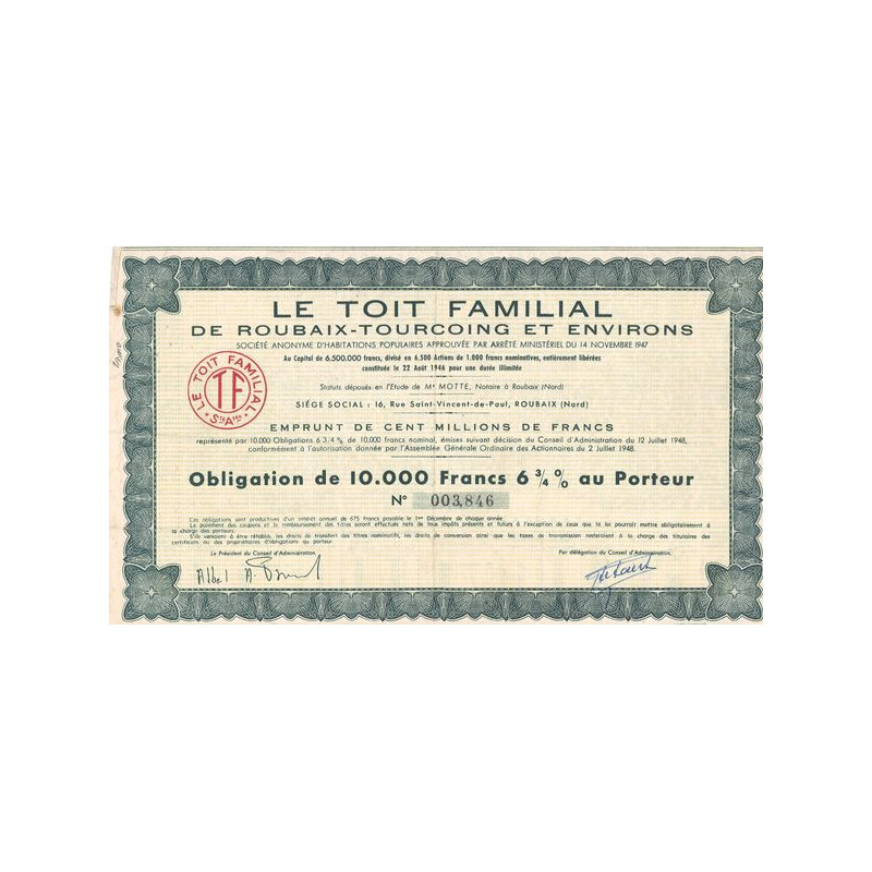 Le Toit Familial de Roubaix-Tourcoing et Environs (Obl 10000 F 6% 3/4)