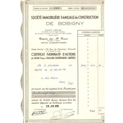 Sté Immobilière Familiale de Construction de Bobigny (Certif Nomin d'Act 10000 F) (modele 2)