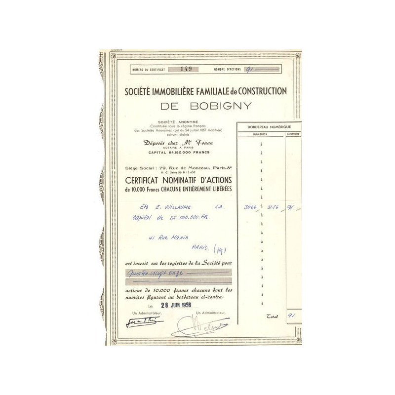 Sté Immobilière Familiale de Construction de Bobigny (Certif Nomin d'Act 10000 F) (modele 2)