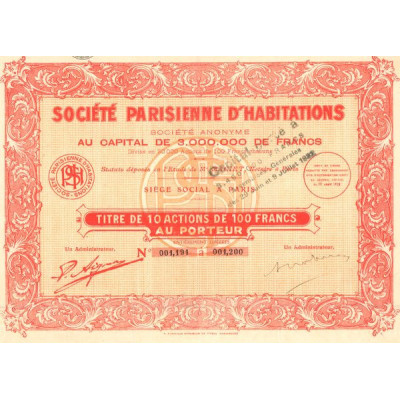 Sté Parisienne d'Habitations (Titre 10 Act 100 F)