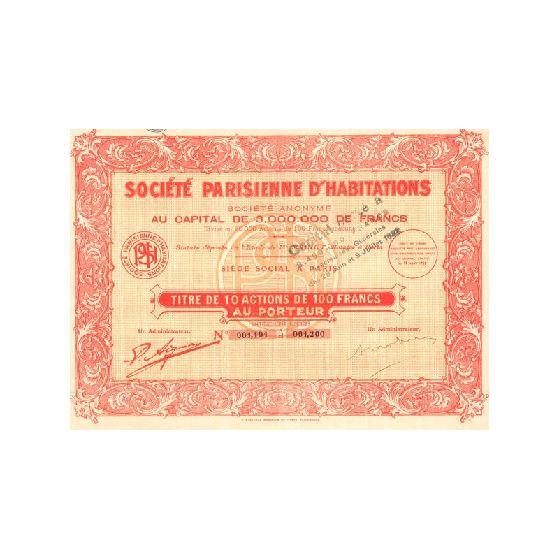 Sté Parisienne d'Habitations (Titre 10 Act 100 F)