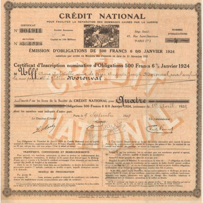 Crédit National pour Faciliter la Réparation des Dommages Causés par la Guerre - Emprunt 1924 (Certif Nomin Obl 500 F)