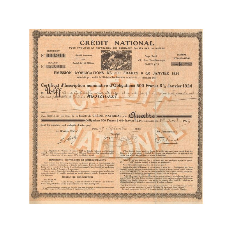 Crédit National pour Faciliter la Réparation des Dommages Causés par la Guerre - Emprunt 1924 (Certif Nomin Obl 500 F)