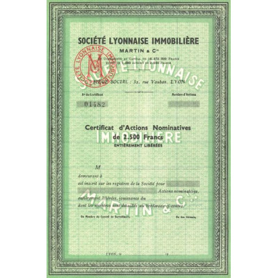 Sté Lyonnaise Immobilière Martin & Cie(Certif d'Act Nomin) (Blanquette)
