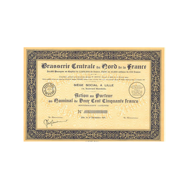 Brasserie Centrale du Nord de la France (Act au nominal 250 F)