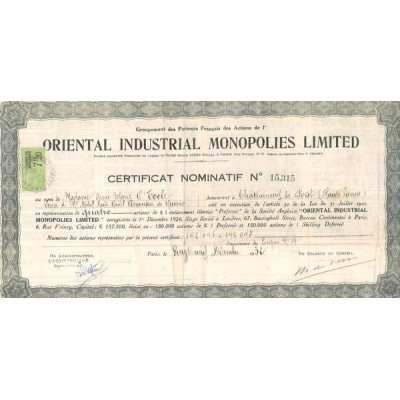 Oriental Industrial Monopolies Ltd (Certif Nomin)