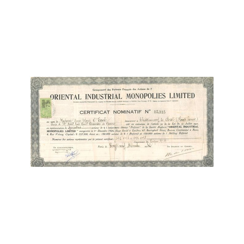 Oriental Industrial Monopolies Ltd (Certif Nomin)