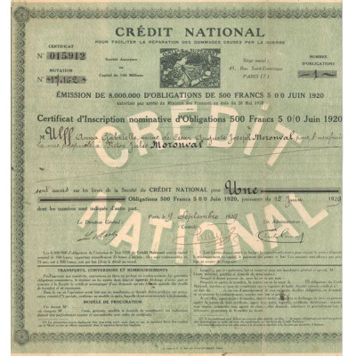 Crédit National pour Faciliter la Réparation des Dommages Causés par la Guerre - Emprunt 1929 (Certif Nomin Obl 500 F)