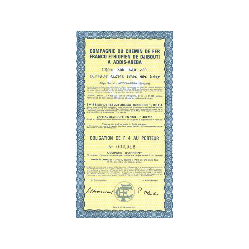 Cie du Chemin de Fer Franco-Ethiopien de Djibouti à Addis-Abeba (Obl 4F)