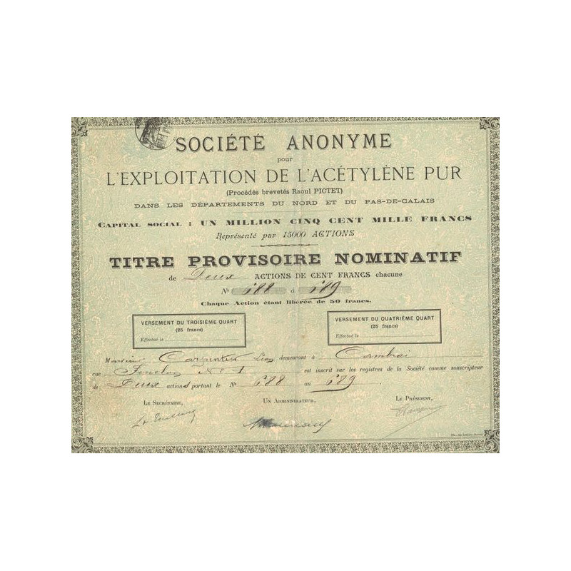S.A pour l'Exploitation de l'Acétylène Pur (Procédés brevetés Raoul PICTET) (CN Act 100F)