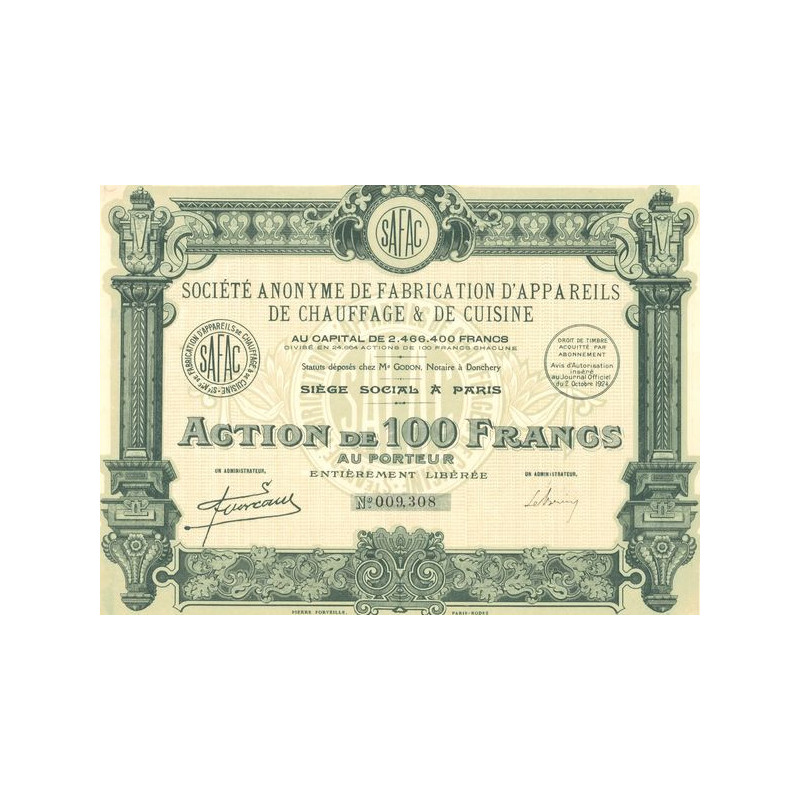 SAFAC - S.A de Fabrication d'Appareils de Chauffage & de Cuisine (Act 100 F)