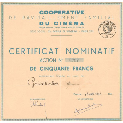 Coopérative de Ravitaillement Familial du Cinéma (Certif Nomin Act 50 F)