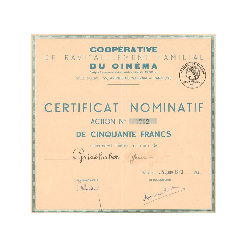 Coopérative de Ravitaillement Familial du Cinéma (Certif Nomin Act 50 F)