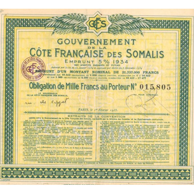 Gouvernement de la Côte Française des Somalis - Emprunt 5% 1934 (Obl 1000 F)