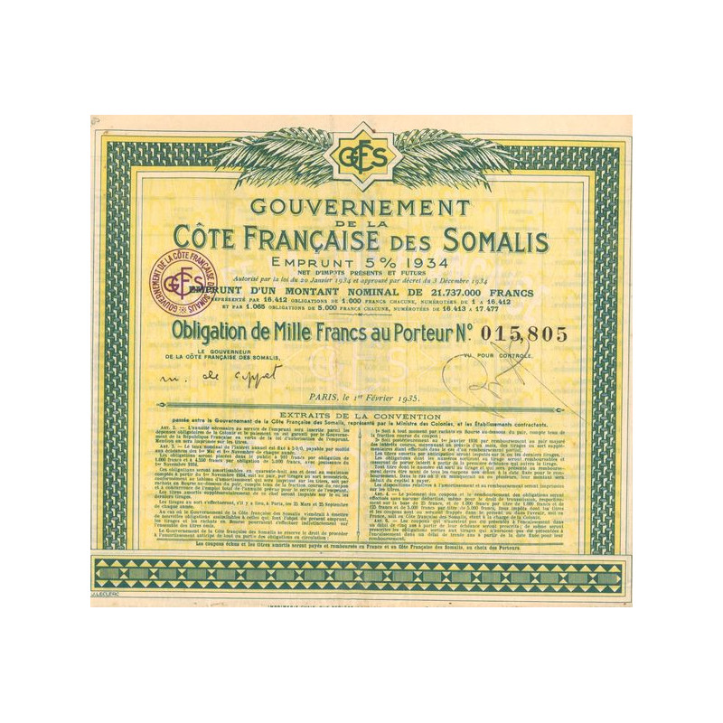Gouvernement de la Côte Française des Somalis - Emprunt 5% 1934 (Obl 1000 F)