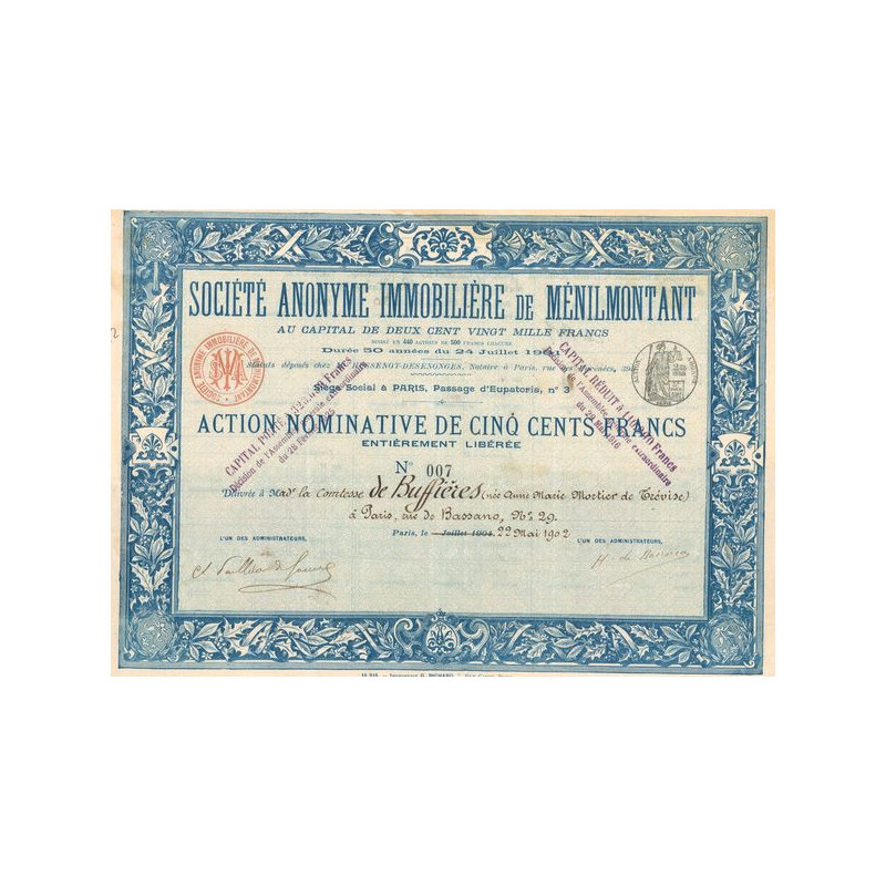 S.A. Immobilière de Ménilmontant (Act Nomin 500 F)