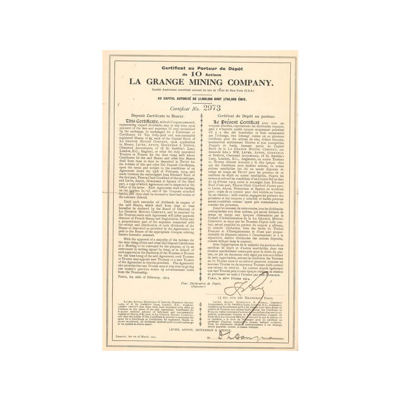 La Grange Mining Cy (Certif de Dépot 10 Act)
