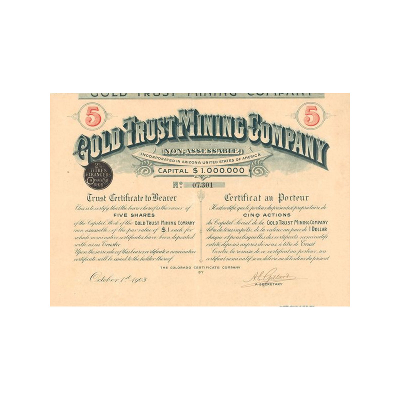 Gold Trust Mining Cy Incorporated in Arizona United States of America (Titre 05 Act 1 Dollar)