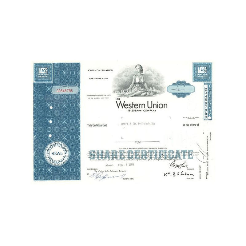 The Western Union Telegraph Cy (Titre 10 Act $ 2.50)