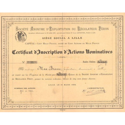 S.A. d'Exploitation du Régulateur Féron (Certif d'Inscription Act Nomin)