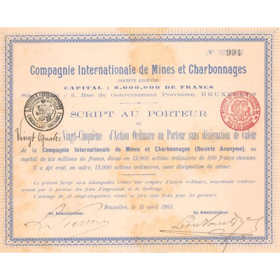 Cie Internationale de Mines et Charbonnages - 1903 - Bleu (24/25eme Act Ordin)