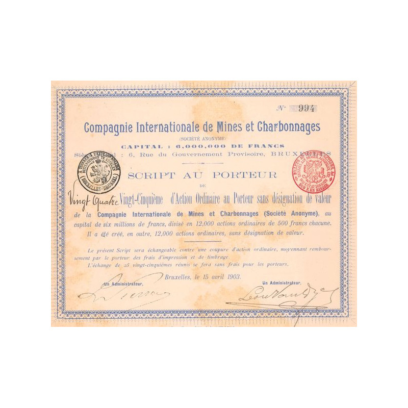 Cie Internationale de Mines et Charbonnages - 1903 - Bleu (24/25eme Act Ordin)