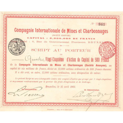 Cie Internationale de Mines et Charbonnages - 1903 - Rouge (04/25eme Act Ordin)