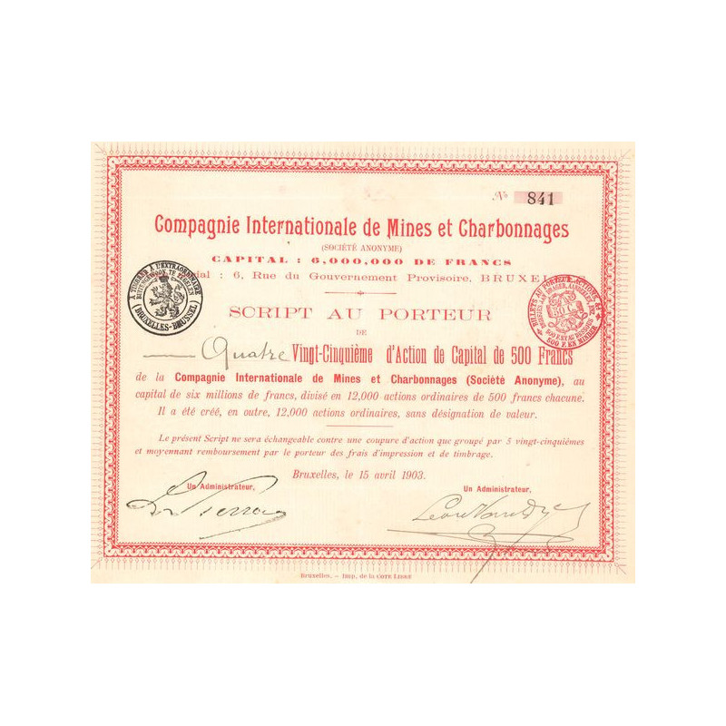 Cie Internationale de Mines et Charbonnages - 1903 - Rouge (04/25eme Act Ordin)
