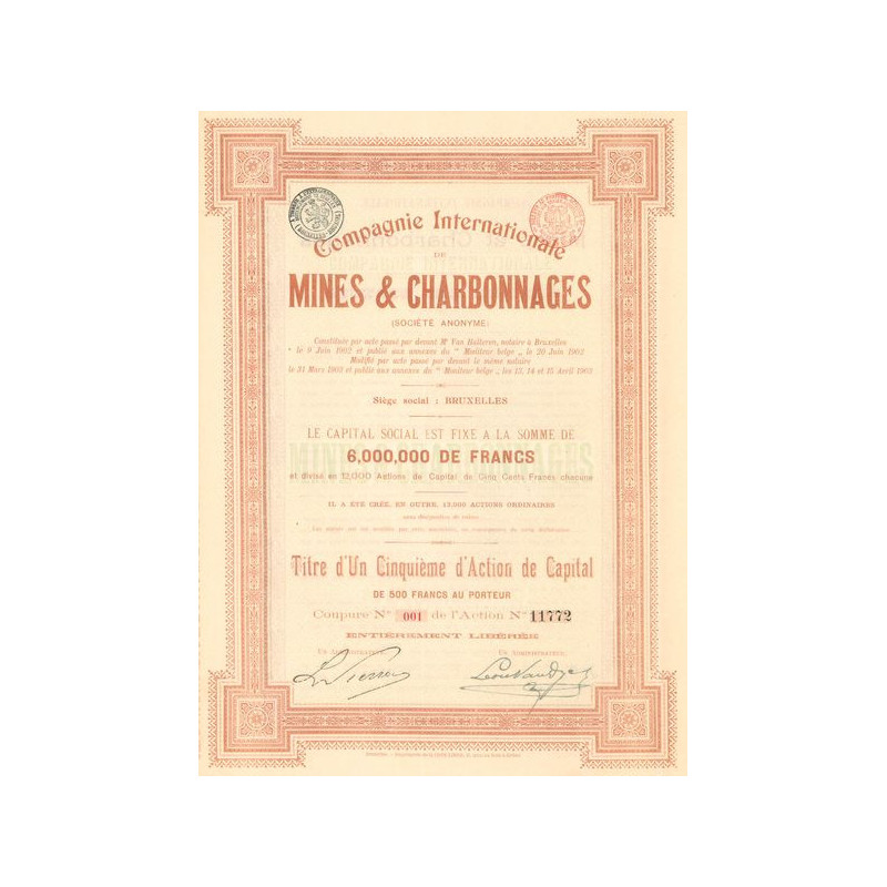 Cie Internationale de Mines et Charbonnages (Titre 1/5eme Act 500 F)