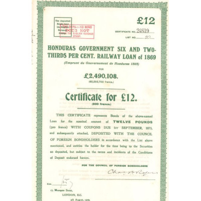 Honduras Government Six and Twothids per Cent Railway Loan of 1869 (Act 300 F)