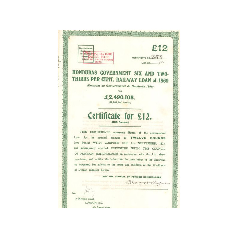 Honduras Government Six and Twothids per Cent Railway Loan of 1869 (Act 300 F)