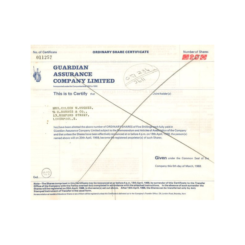 Guardian Assurance Cy Ltd (Titre 20 Act 5 Shillings)