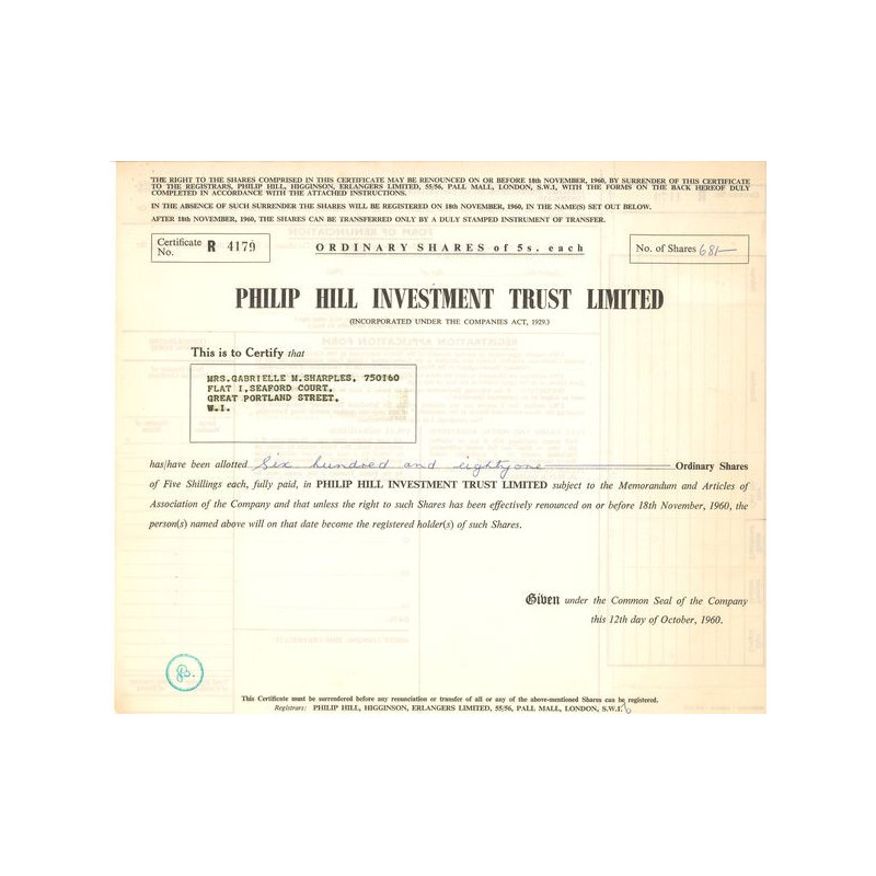 Philip Hill Investment Trust Ltd (Titre 681 Act 05 £)