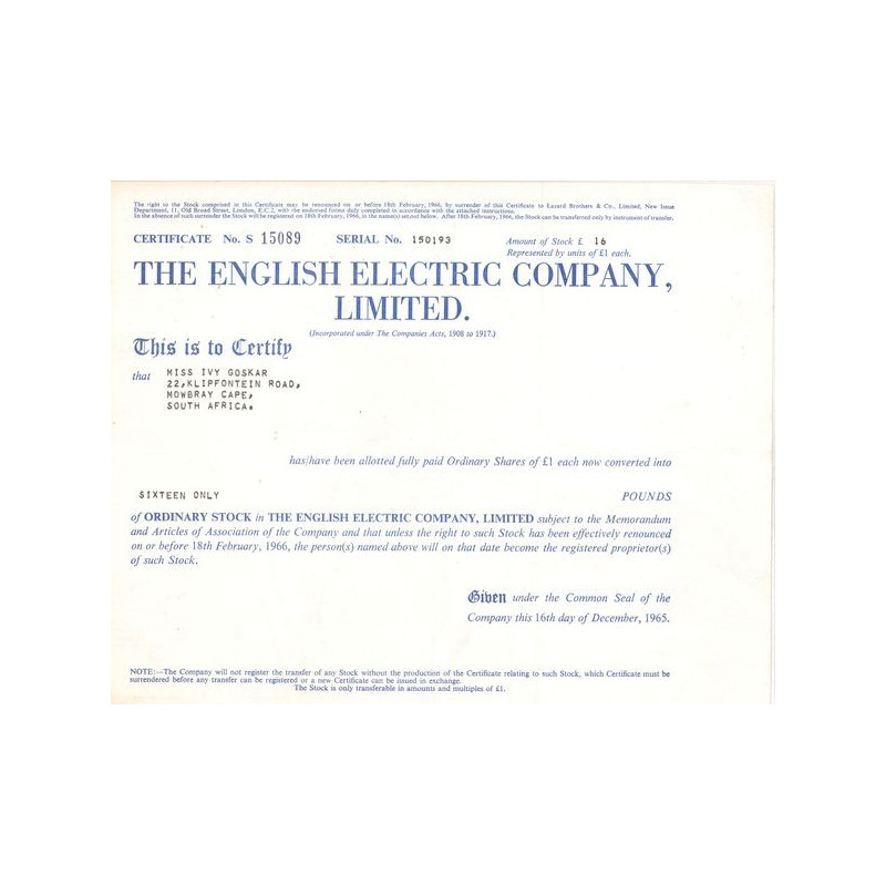 The English Electric Cy Ltd (Titre 16 Act 1 £)