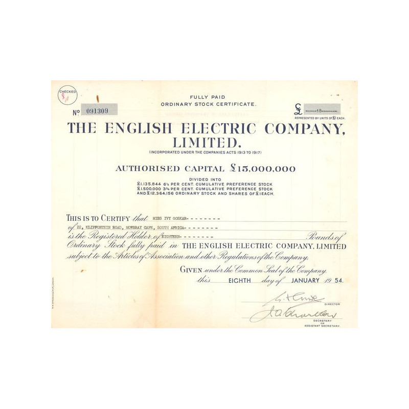 The English Electric Cy Ltd (Titre 18 Act 1 £)