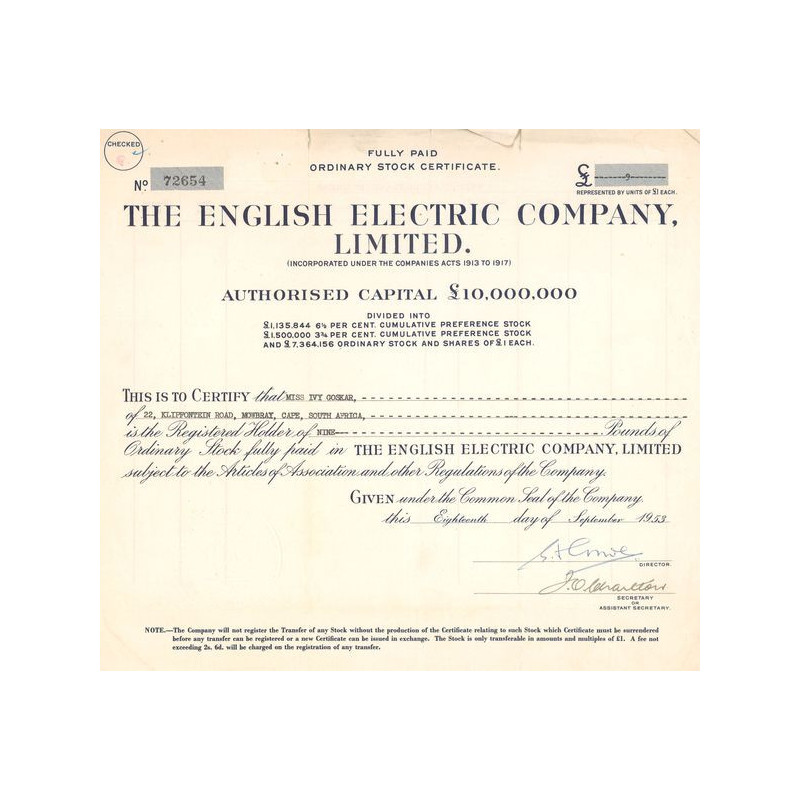 The English Electric Cy Ltd (Act 9 £)