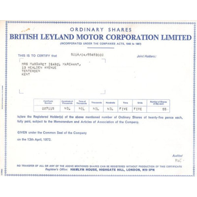 British Leyland Motor Corp Ltd (Titre 55 Act 0.25£)