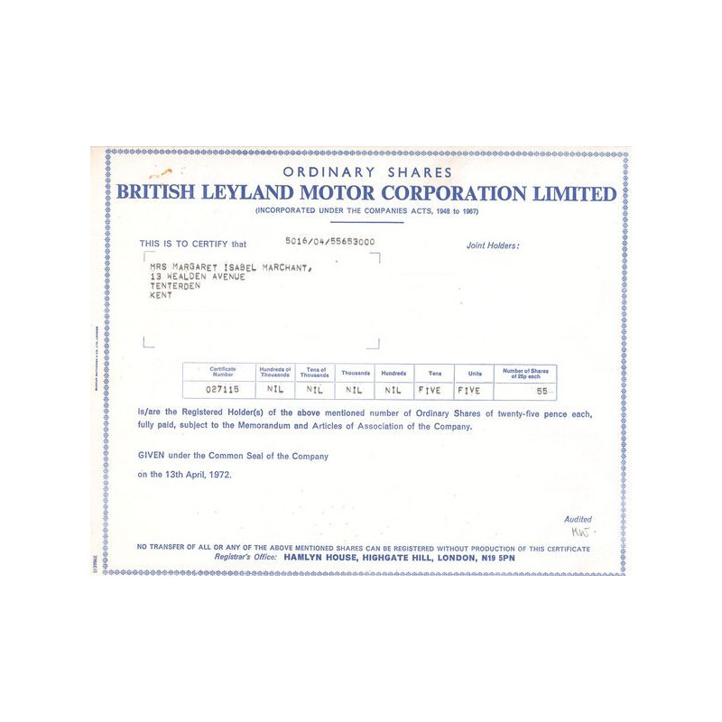 British Leyland Motor Corp Ltd (Titre 55 Act 0.25£)