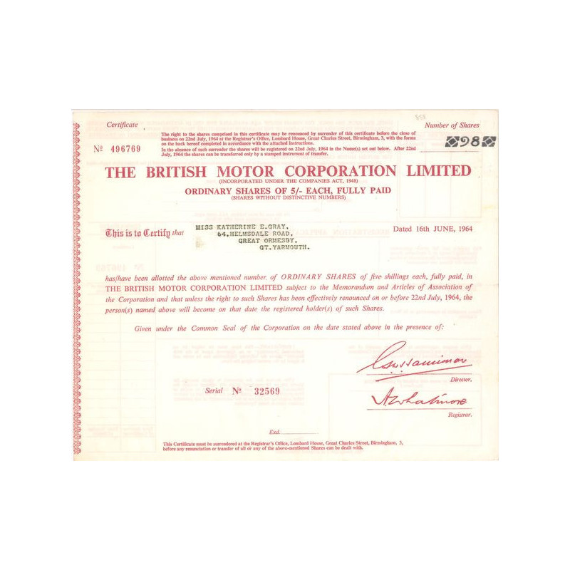 The British Motor Corp Ltd (Titre 98 Act 5 £)