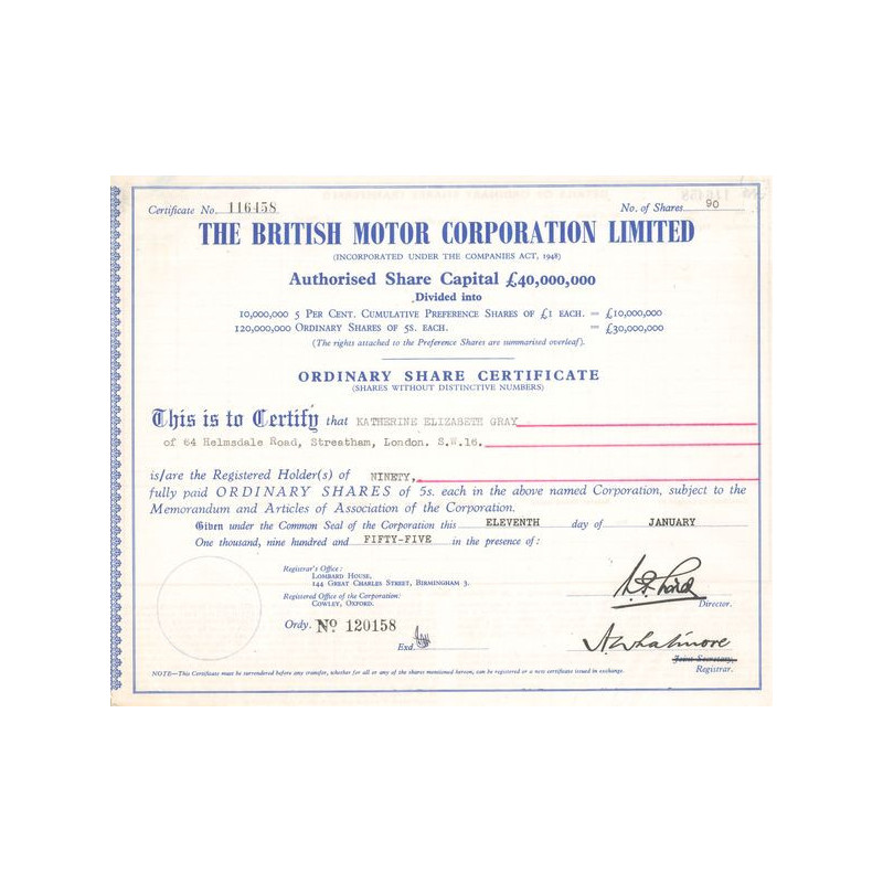 The British Motor Corp Ltd (Titre 90 Act 5 £)