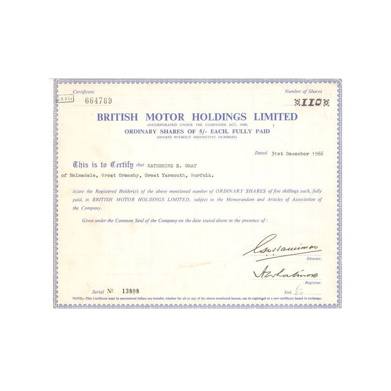 British Motor Holding Ltd (Titre 110 Act 5 £)