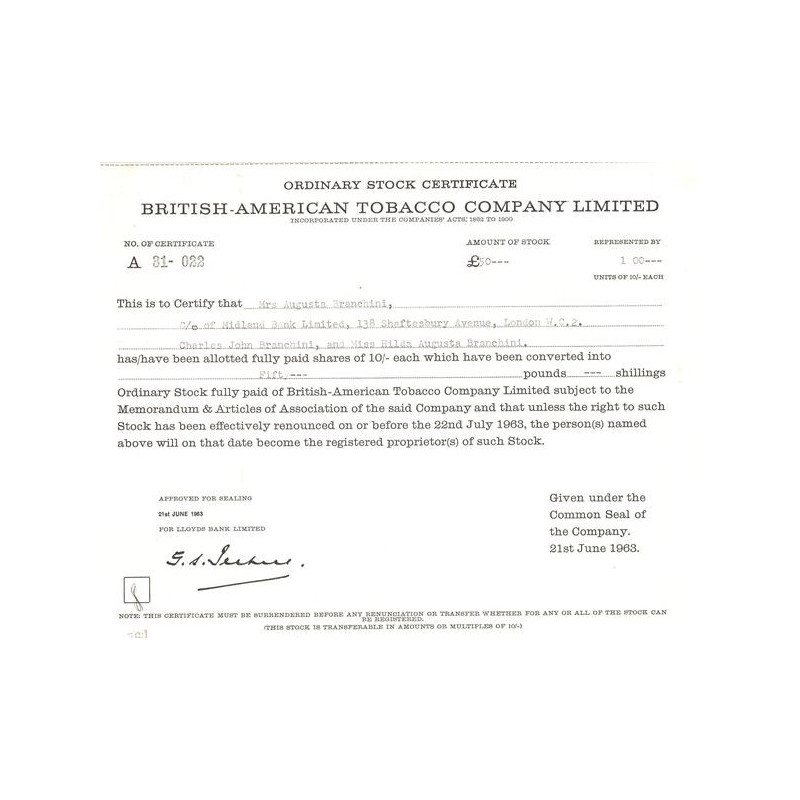 British American Tobacco Cy Ltd (Act 50 £) 1963