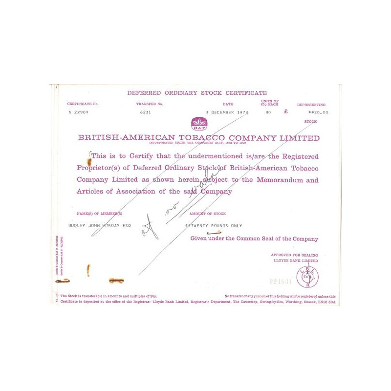 British American Tobacco Cy Ltd (Act 20 £) 1973