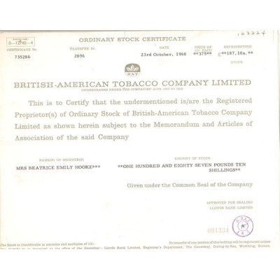 British American Tobacco Cy Ltd - (Titre 375 Act 10 £) 1968