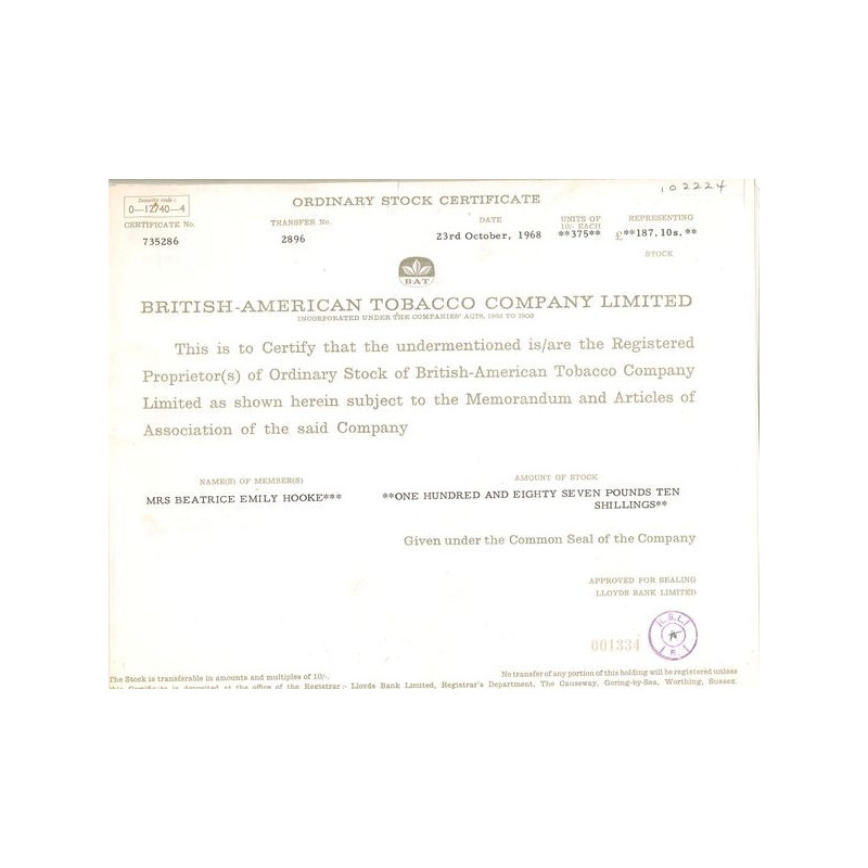 British American Tobacco Cy Ltd - (Titre 375 Act 10 £) 1968